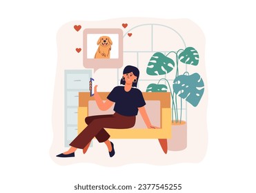 Social media life concept with people scene in the flat cartoon style. The girl scrolls through the feed of posts in social networks and likes photos of her friends. Vector illustration.