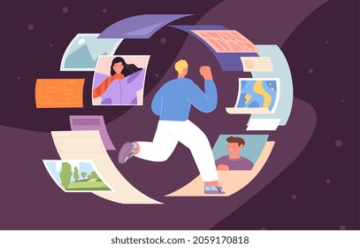 Social media lifestyle. Man run in circle of chaos information, digital addiction. Online surfing, modern teenage blogger looking photos, utter vector flat concept