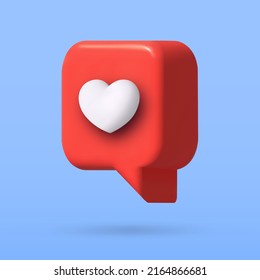 a los medios sociales les gusta. Ilustración de dibujos animados vectoriales 3d. burbuja de habla con corazón
