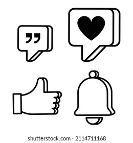 Medios sociales como Bell Notification, Love and Comment Cita Bubble Line Icono de arte Ilustración sobre fondo blanco