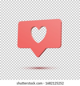 Social media like, comment 3d cartoon illustration. Speech bubble with heart hole isometric design element. SMM, blogging flat clipart. Rating, followers feedback, profile page account vector drawing