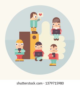 Social Media. I like it Concept. Cartoon Small Funny People Using Mobile Gadgets - Tablets and Smartphones. Social Networking and Blogging Vector Illustration. Retro Design.