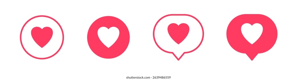 Social media like and emoji icon. Red speech bubble message with heart. Love chat. Reaction button. Valentine's Day. Cartoon design element isolated. Vector illustration