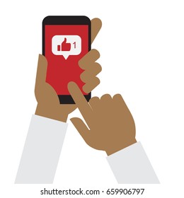Social media like. Hand holding smartphone. Flat design vector.
