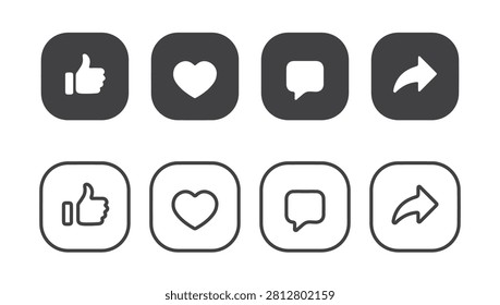 Social media like heart comment share icons set flat vector illustration
