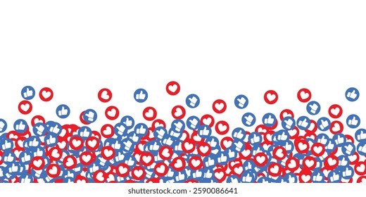 Social media like and heart icons background. social media react emoji icons scattered on a white background. 