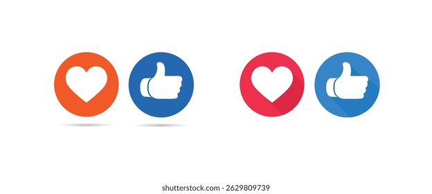 Social media like and heart icons. Thumbs up and heart icon in different colors.