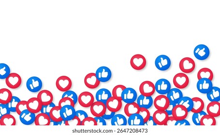 Social media like and heart icons background. Buttons thumb up like and red heart. Social media reaction background for advertisement promotion, marketing – vector