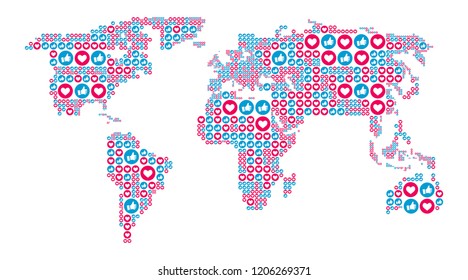 Social media like and heart symbols in the world map form. SEO, SMM concept. Vector illustration
