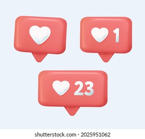 Social media like icon concept. Comment and Follower. 3D Web Vector Illustrations. Like and Heart icon. Upvote likes button. Social nets red heart web buttons isolated on white background. Vector