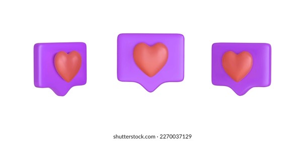 Social media like icon concept. Comment and Follower. 3D Vector Illustrations. icon message dialog button with red heart. Realistic Elements for romantic design. Isolated object on white background