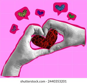 Social media like icons. Contemporary art collage of halftone hands making heart shape. Popularity, feedback, influence. Vector illustration