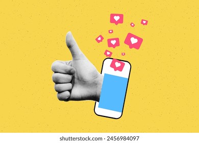 Social media like icons with halftone hand thumb up appearing from smartphone collage banner. Modern grunge cut out elements. Popularity, feedback, influence. Vector illustration