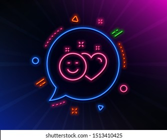 Social media like line icon. Neon laser lights. Heart, smile sign. Positive feedback symbol. Glow laser speech bubble. Neon lights chat bubble. Banner badge with smile icon. Vector