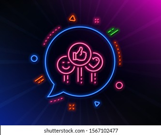 Social media like line icon. Neon laser lights. Thumbs up sign. Positive smile and heart feedback symbol. Glow laser speech bubble. Neon lights chat bubble. Banner badge with like icon. Vector