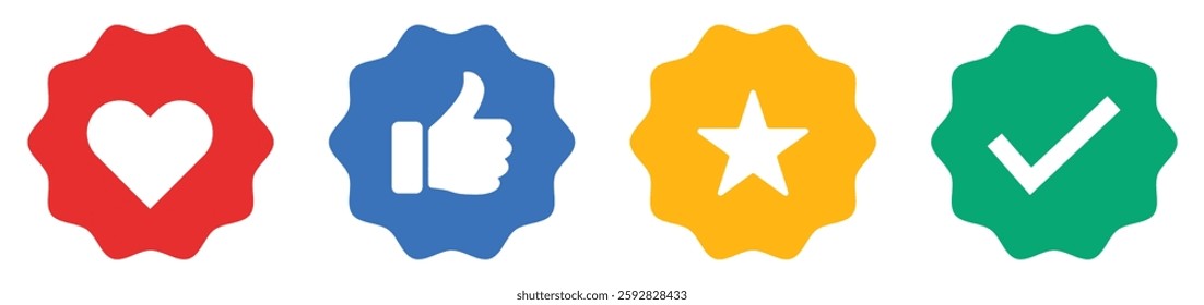 Social media like, love, star, and check mark icons in badge shape, representing approval, rating, and feedback symbols. Like, favorites, tested and best quality, stamp icons design.