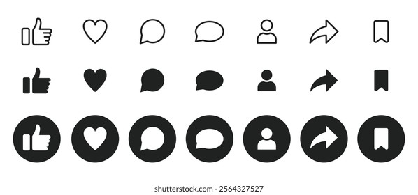 Social media like, love, thumbs up, heart, comment, share and save icons in line, bold, negative space style
