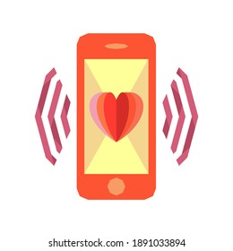Social media like sign. Phone with heart icon. Smartphone Love message symbol. Modern love chat icon. Geometric elements. Vector