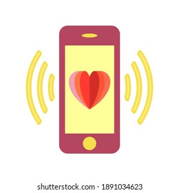 Social media like sign. Phone with heart icon. Smartphone Love message symbol. Modern love chat icon. Geometric elements. Vector
