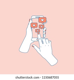 A los medios sociales les gustan. Mujer con smartphone. Tras la notificación. Ilustración del vector 