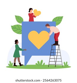 Social media likes and comments, repost notification, blog post feedback. Tiny people vote for content with heart inside big speech bubble, rating text in chat dialog cartoon vector illustration