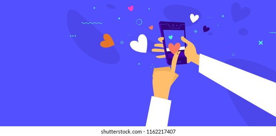 Social media likes concept illustration. Smart phone with hands for business design. Eps10 vector