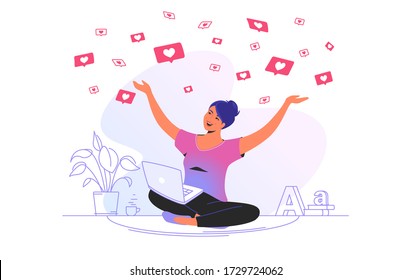 Social media likes and hearts falling on smiling woman. Gradient vector concept illustration of happy girl sitting at home and getting hands up as winner and flying speech bubbles on social media