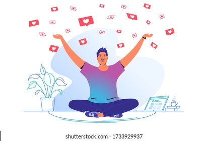 Social media likes and hearts falling on smiling man. Gradient vector concept illustration of happy guy sitting at home and getting hands up as winner and flying speech bubbles on social media