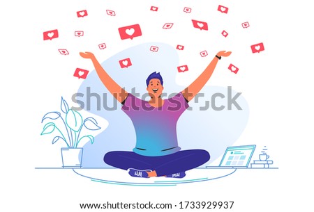 Social media likes and hearts falling on smiling man. Gradient vector concept illustration of happy guy sitting at home and getting hands up as winner and flying speech bubbles on social media