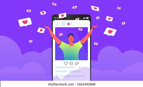 Social media likes and hearts flying down in clouds. Flat vector concept illustration of happy man standing into his social media page and getting hands up as winner with flying hearts speech bubbles