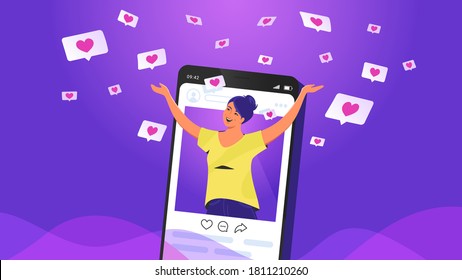 A los medios sociales les gustan y los corazones onando en nubes. Ilustración vectorial plana de una mujer feliz en una página de medios sociales y levantándose como ganadora con burbujas de habla en el corazón volando