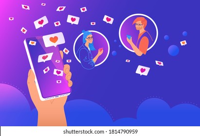 Social media likes and hearts flying out of smartphone screen. Concept vector illustration of human hand holds a smartphone with a couple talking via dating app or social networks and speech bubbles