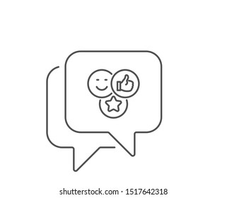 A los medios sociales les gusta el icono de la línea. Diseño de burbujas de chat. Signo de Thumbs up. Símbolo positivo de sonrisa. Concepto de esquema. Línea fina como icono. Vector