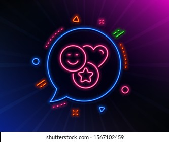 Social media likes line icon. Neon laser lights. Heart, star sign. Positive smile feedback symbol. Glow laser speech bubble. Neon lights chat bubble. Banner badge with smile icon. Vector