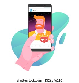 Social media likes notification on smart phone. Pics post status. Vector illustration.