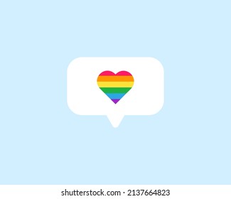 Social media likes in pride colours. Message icon with heart in pride colours.