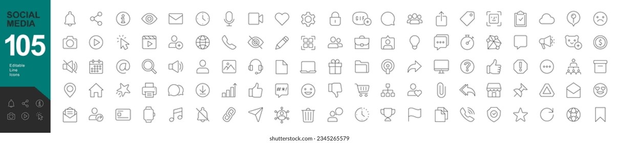 Línea de medios sociales editable Icons set. Ilustración vectorial en el estilo de línea delgada de los iconos Media y Web: mensaje, burbuja, usuario, uso compartido, comandos, botones y símbolos, entre otros. Aislado sobre blanco