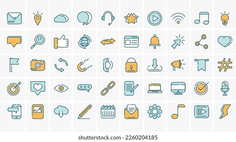Social media line and fill icon set
