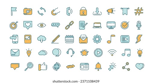 Social media line and fill icon set