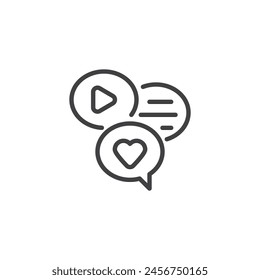 Social Media line icon. linear style sign for mobile concept and web design. Speech bubbles with heart, video and chat outline vector icon. Symbol, logo illustration. Vector graphics