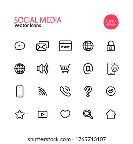 Social media line icon set. Profile page, rating, social links, shopping cart, home, magnifier, message, check, lock. Vector on isolated white background. Eps 10
