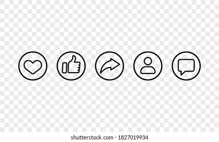 Social media line icon set in black. Like, share, followers, chat sign. Vector EPS 10. Isolated on transparent background