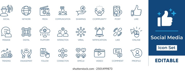 Social media line icon set. Including popular symbols like the like, message, profile, social network, video, comment, and sharing icons. Perfect for use in web and app design, social media.