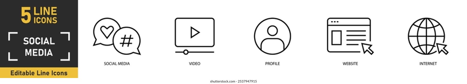 Social Media line icon set. Set of 5 outline icons related to social media, video, profile, website, internet and more. Vector illustration.