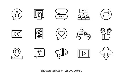 Social media line icon set. Post, like, video, media, chat, people, communication, business, and promote outline icon collection. UI thin outline icon pack