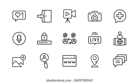 Social media line icon set. Post, like, video, media, chat, people, communication, business, and promote outline icon collection. UI thin outline icon pack