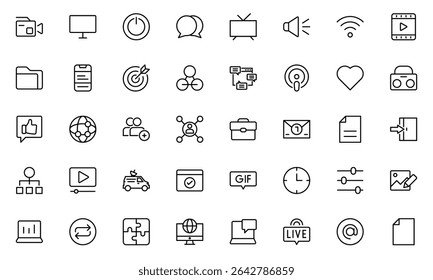 Social media line icon set. Post, like, video, media, chat, people, communication, business, and promote outline icon collection