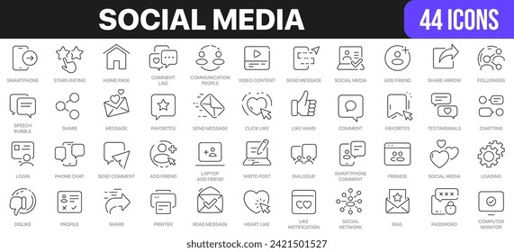 Social media line icons collection. UI icon set in a flat design. Excellent signed icon collection. Thin outline icons pack. Vector illustration EPS10