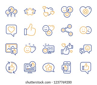 Social media line icons. Set - Share network, Social links and Rating linear icons. Heart, Feedback smile emotion and internet media. Share network, like icon, video content rating and dislike