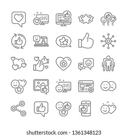 Social Media Line Icons. Set - Share Network, Rating And Social Links Linear Icons. Heart, Feedback Smile Emotion And Internet Media. Share Network, Like Icon, Video Content Rating And Dislike. Vector